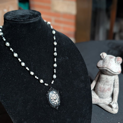 ✨Monochrose✨| Dalmatian Jasper & Black Tourmaline Necklace with Gothic Rose Cameo