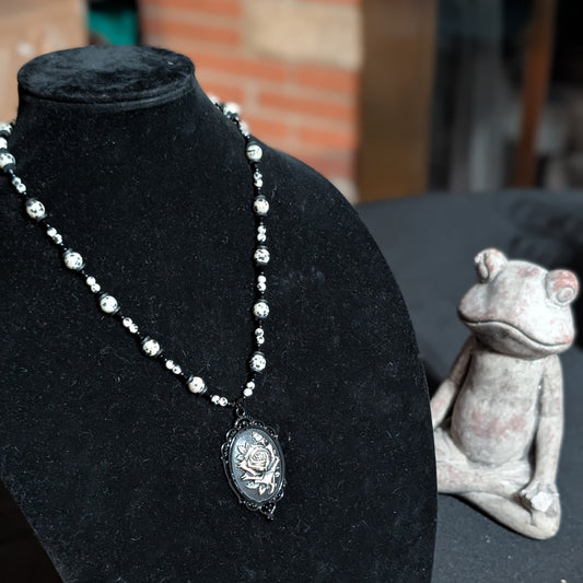 ✨Monochrose✨| Dalmatian Jasper & Black Tourmaline Necklace with Gothic Rose Cameo