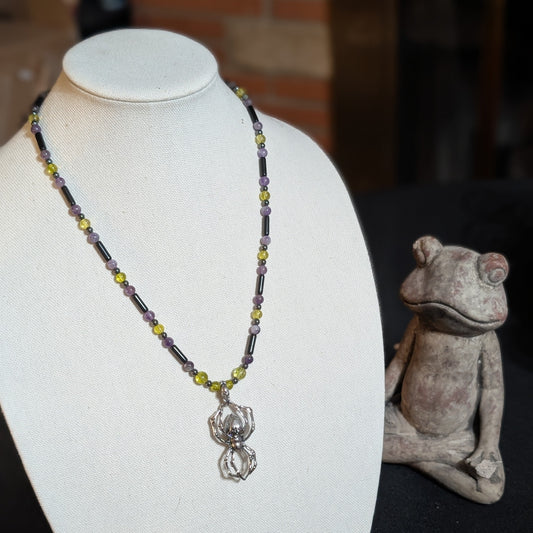 ✨Arachnecro✨| Obsidian, Amethyst & Hematite Necklace with Skeletal Spider Pendant