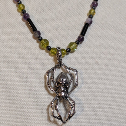 ✨Arachnecro✨| Obsidian, Amethyst & Hematite Necklace with Skeletal Spider Pendant