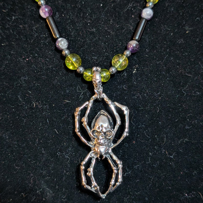 ✨Arachnecro✨| Obsidian, Amethyst & Hematite Necklace with Skeletal Spider Pendant