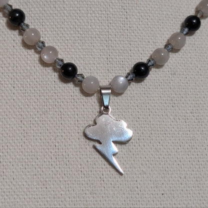✨Flickerpour✨| Silver Gray Moonstone & Obsidian Lightning Pendant Necklace