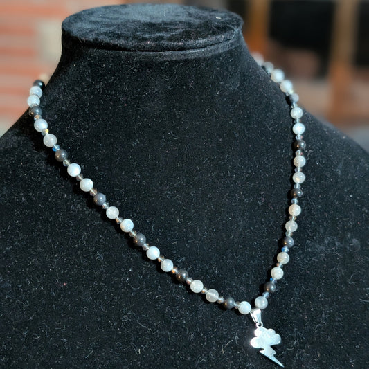 ✨Flickerpour✨| Silver Gray Moonstone & Obsidian Lightning Pendant Necklace
