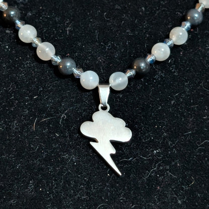 ✨Flickerpour✨| Silver Gray Moonstone & Obsidian Lightning Pendant Necklace