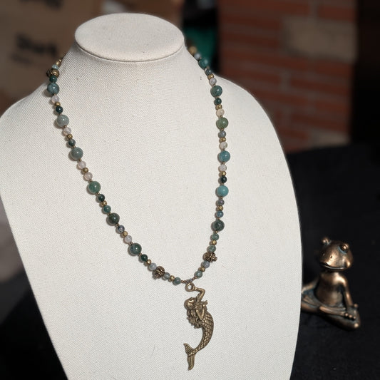 ✨Sirenne✨| Moss Agate & Bronze Mermaid Necklace with Skull Accents