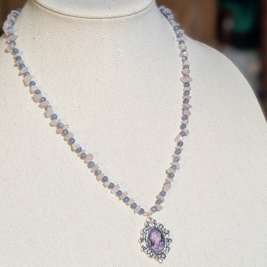 ✨Kraeon Rose✨| Rose Quartz & Kyanite Cameo Necklace with Silver Rose Accents