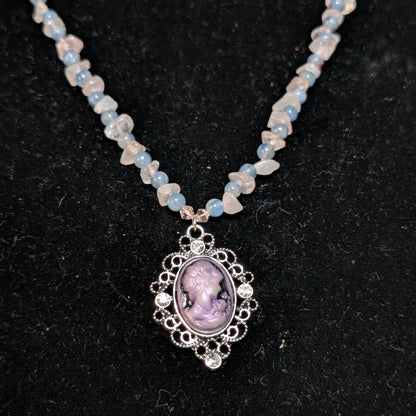 ✨Kraeon Rose✨| Rose Quartz & Kyanite Cameo Necklace with Silver Rose Accents