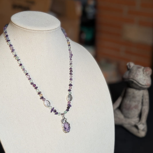 ✨Petalight✨| Fluorite & Amethyst Cameo Necklace with Floral Accents