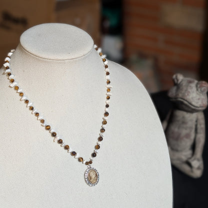 ✨Sepiastone✨| Tiger’s Eye & Howlite Cameo Pendant Necklace with Vintage Rose Accents