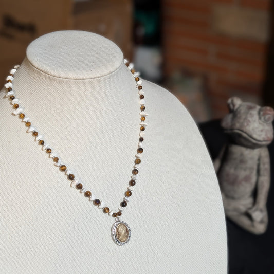✨Sepiastone✨| Tiger’s Eye & Howlite Cameo Pendant Necklace with Vintage Rose Accents