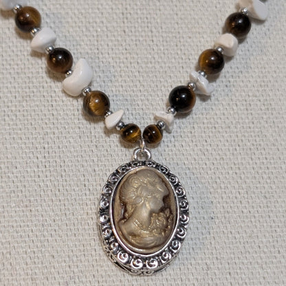 ✨Sepiastone✨| Tiger’s Eye & Howlite Cameo Pendant Necklace with Vintage Rose Accents