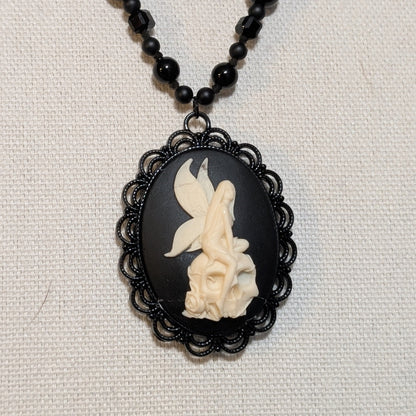 ✨Ebonevil✨| Onyx, Obsidian & Tourmaline Gemstone Black Strand Fairy Skull Cameo Necklace