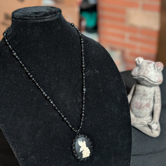✨Ebonevil✨| Onyx, Obsidian & Tourmaline Gemstone Black Strand Fairy Skull Cameo Necklace