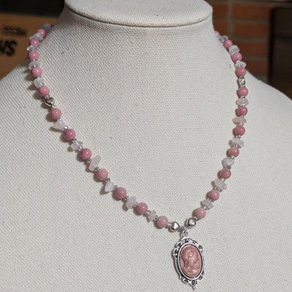 ✨Lady Heartwright✨| Rhodochrosite & Rose Quartz Cameo Necklace with Silver Heart Accents