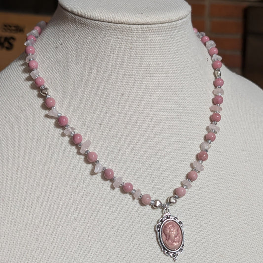 ✨Lady Heartwright✨| Rhodochrosite & Rose Quartz Cameo Necklace with Silver Heart Accents