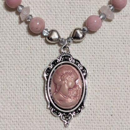 ✨Lady Heartwright✨| Rhodochrosite & Rose Quartz Cameo Necklace with Silver Heart Accents