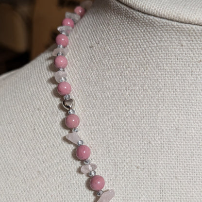 ✨Lady Heartwright✨| Rhodochrosite & Rose Quartz Cameo Necklace with Silver Heart Accents
