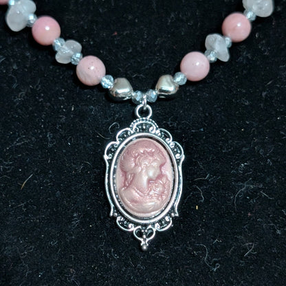 ✨Lady Heartwright✨| Rhodochrosite & Rose Quartz Cameo Necklace with Silver Heart Accents