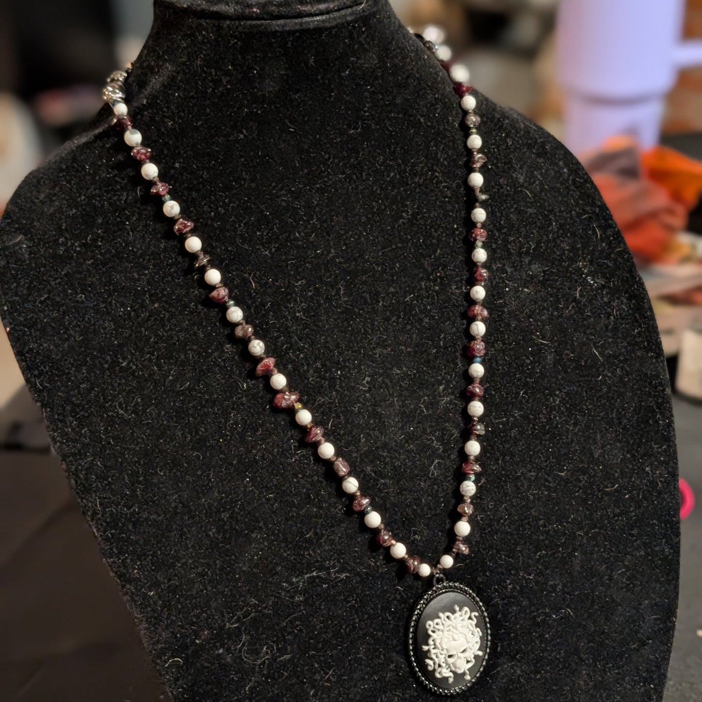 ✨Meduskull✨| Howlite, Garnet & Gunmetal Medusa Cameo Necklace