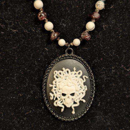 ✨Meduskull✨| Howlite, Garnet & Gunmetal Medusa Cameo Necklace