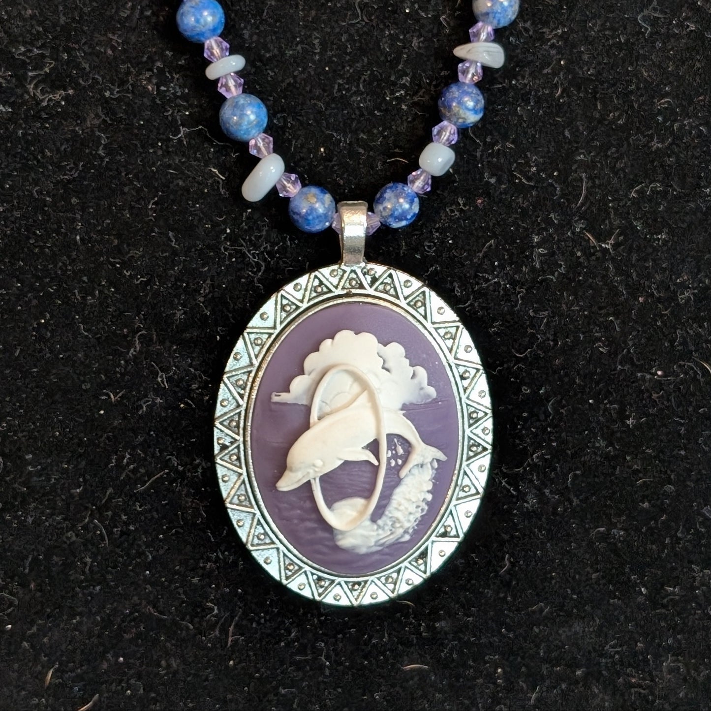 ✨Leapspray✨| Dolphin Cameo Necklace in Lapis Lazuli & Blue Lace Agate