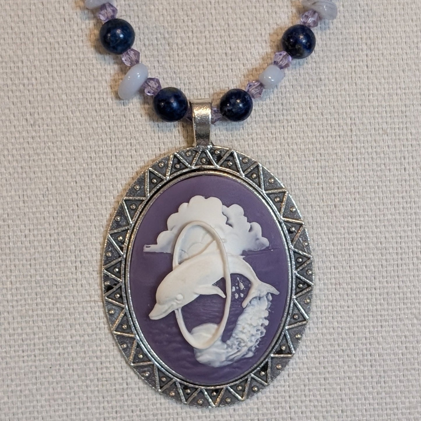 ✨Leapspray✨| Dolphin Cameo Necklace in Lapis Lazuli & Blue Lace Agate