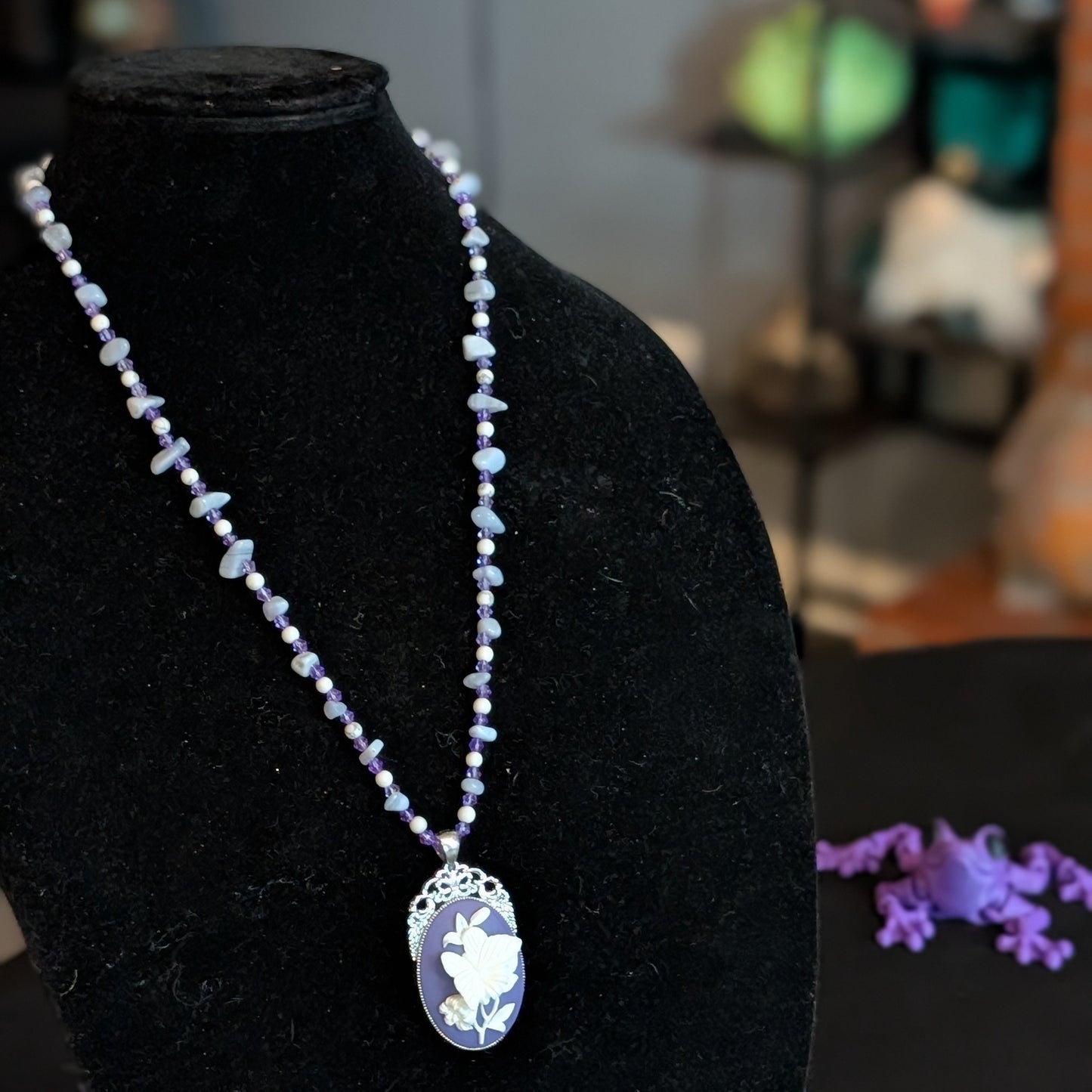 ✨Petalwing Whisper✨| Blue Lace Agate & Howlite 3D Butterfly Cameo Necklace with Toggle Clasp