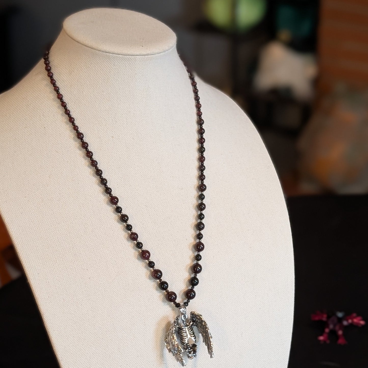 ✨Hollowheart Flight✨| Garnet & Black Tourmaline Necklace with Winged Ribcage Pendant