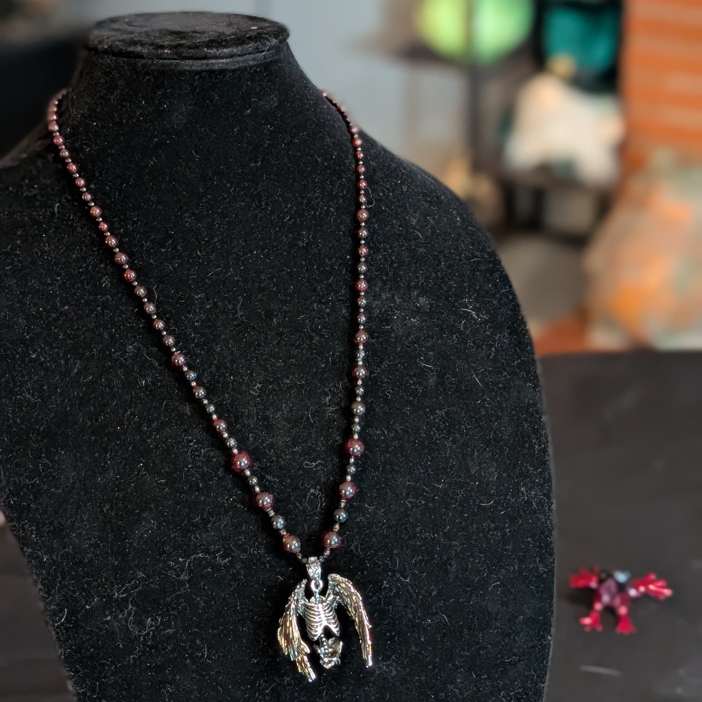 ✨Hollowheart Flight✨| Garnet & Black Tourmaline Necklace with Winged Ribcage Pendant