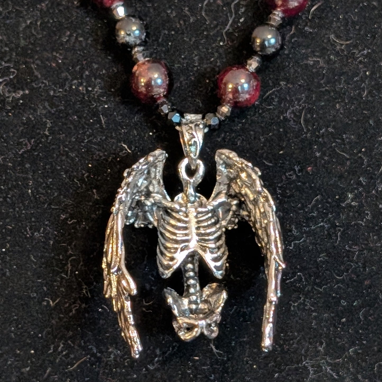 ✨Hollowheart Flight✨| Garnet & Black Tourmaline Necklace with Winged Ribcage Pendant