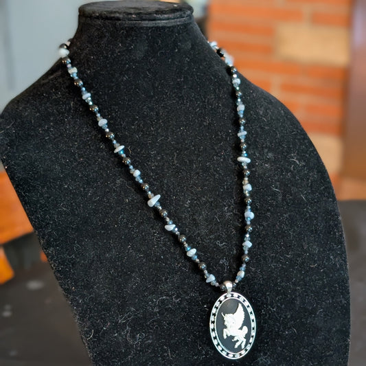 ✨Dreamwing Charger✨| Blue Lace Agate & Onyx Necklace with Pegasus Cameo Pendant