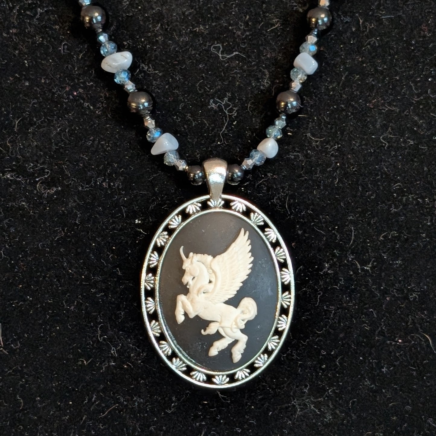 ✨Dreamwing Charger✨| Blue Lace Agate & Onyx Necklace with Pegasus Cameo Pendant