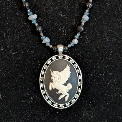 ✨Dreamwing Charger✨| Blue Lace Agate & Onyx Necklace with Pegasus Cameo Pendant