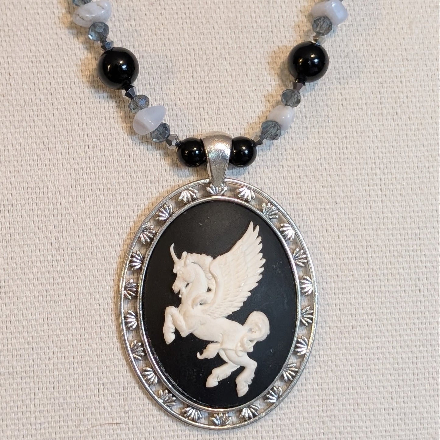 ✨Dreamwing Charger✨| Blue Lace Agate & Onyx Necklace with Pegasus Cameo Pendant