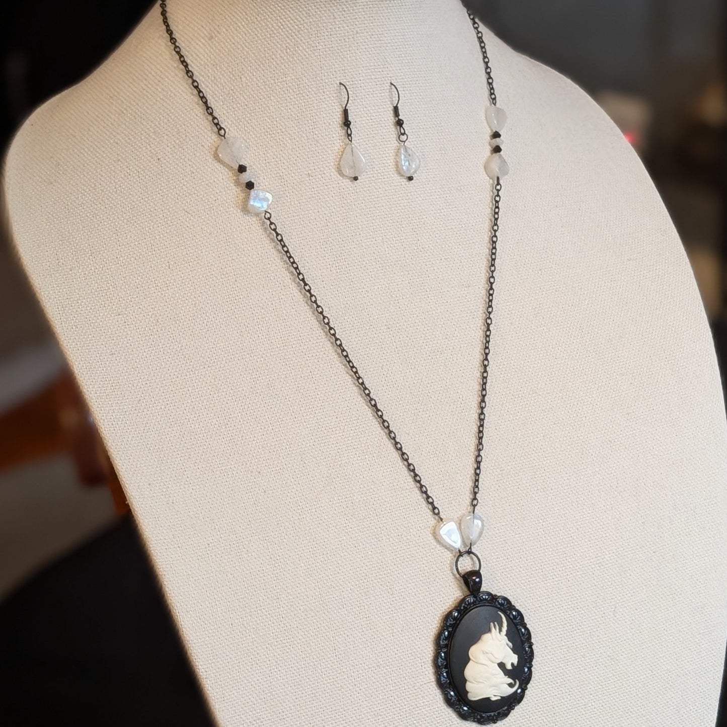 ✨Celestiax✨| Unicorn Cameo Necklace with Rainbow Moonstone Accents & Matching Earrings