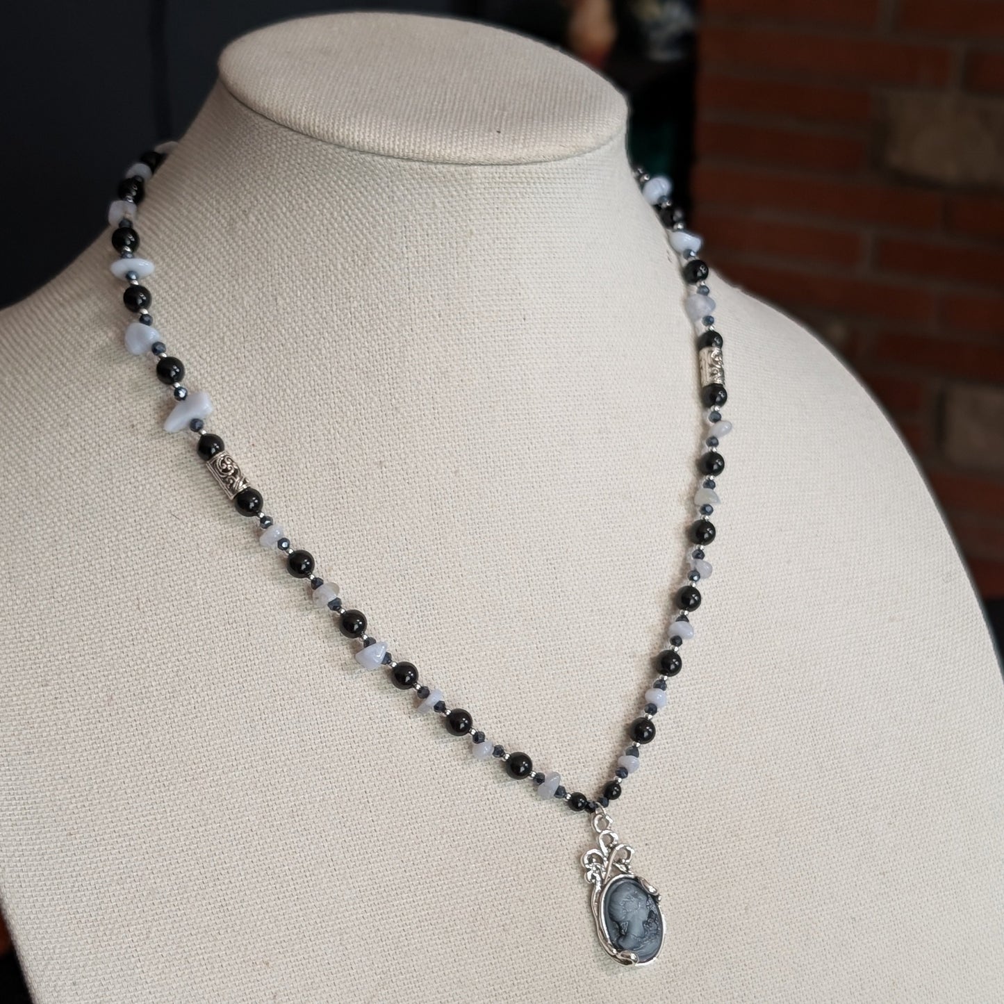 ✨Nocturne Veil✨| Blue Lace Agate & Onyx Necklace with Smoke-gray Cameo Pendant