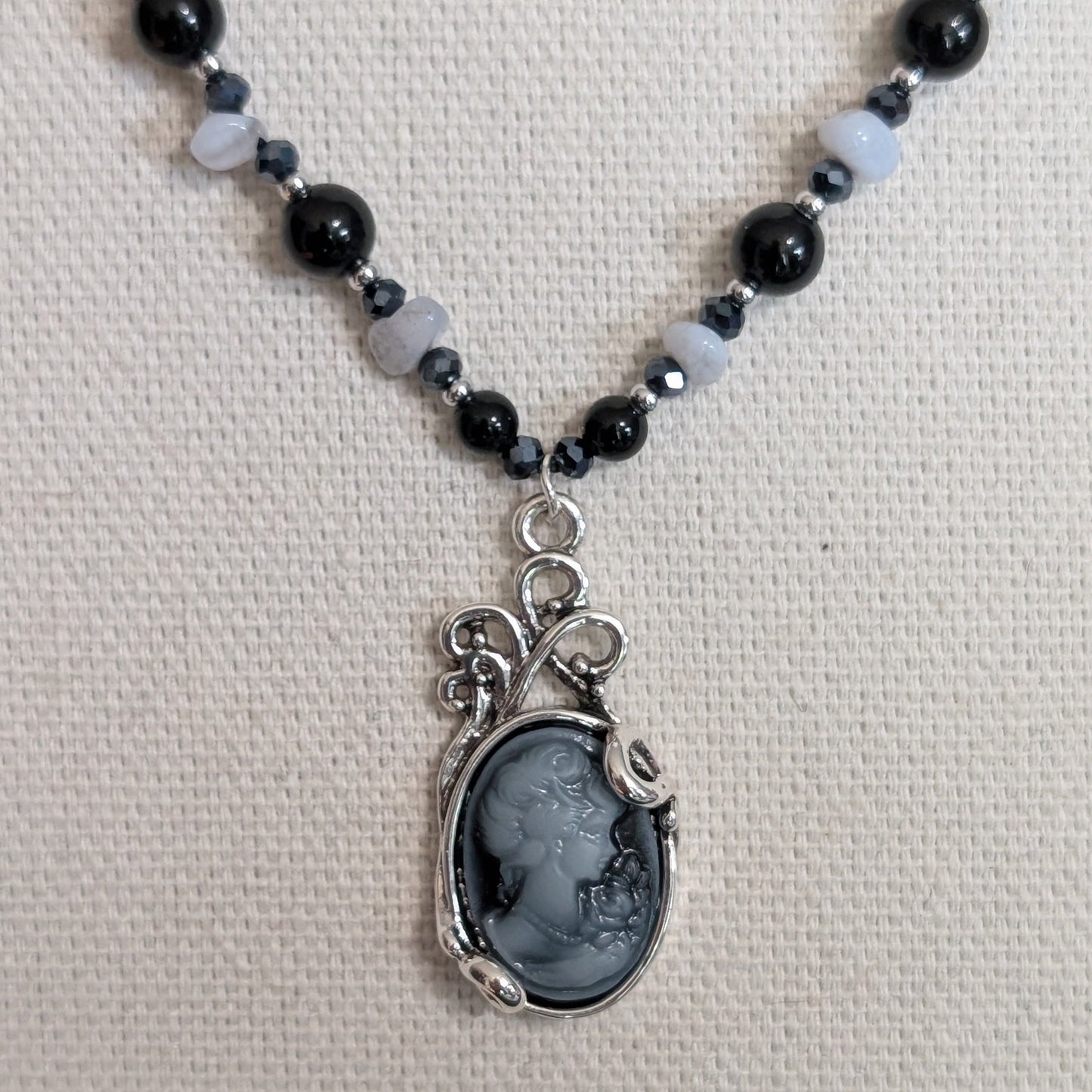 ✨Nocturne Veil✨| Blue Lace Agate & Onyx Necklace with Smoke-gray Cameo Pendant