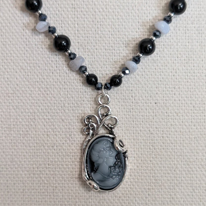 ✨Nocturne Veil✨| Blue Lace Agate & Onyx Necklace with Smoke-gray Cameo Pendant