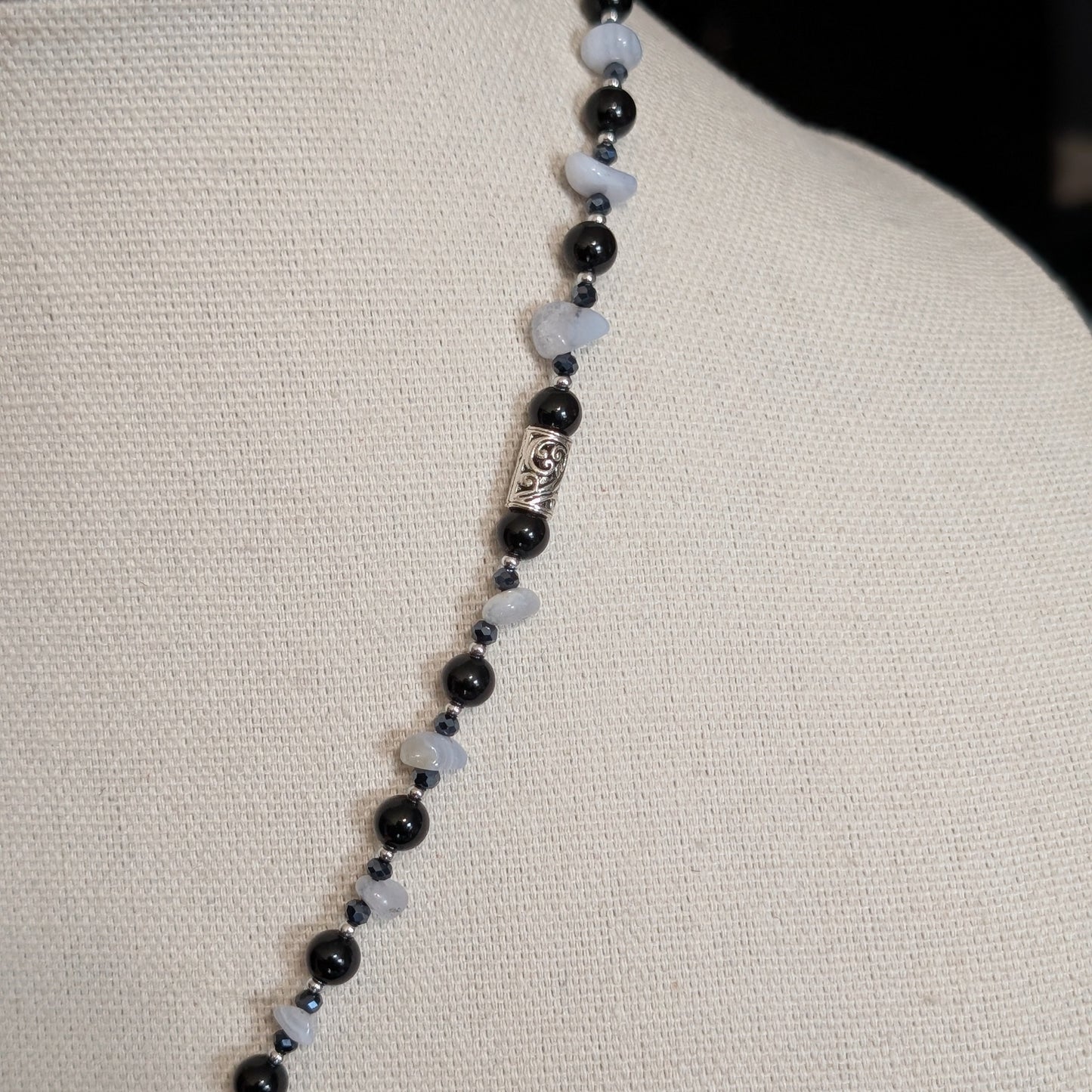 ✨Nocturne Veil✨| Blue Lace Agate & Onyx Necklace with Smoke-gray Cameo Pendant