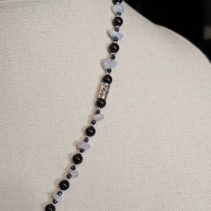 ✨Nocturne Veil✨| Blue Lace Agate & Onyx Necklace with Smoke-gray Cameo Pendant