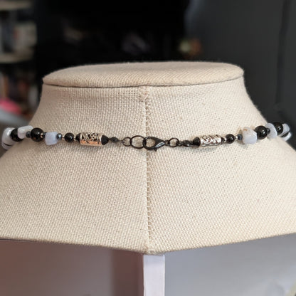 ✨Nocturne Veil✨| Blue Lace Agate & Onyx Necklace with Smoke-gray Cameo Pendant