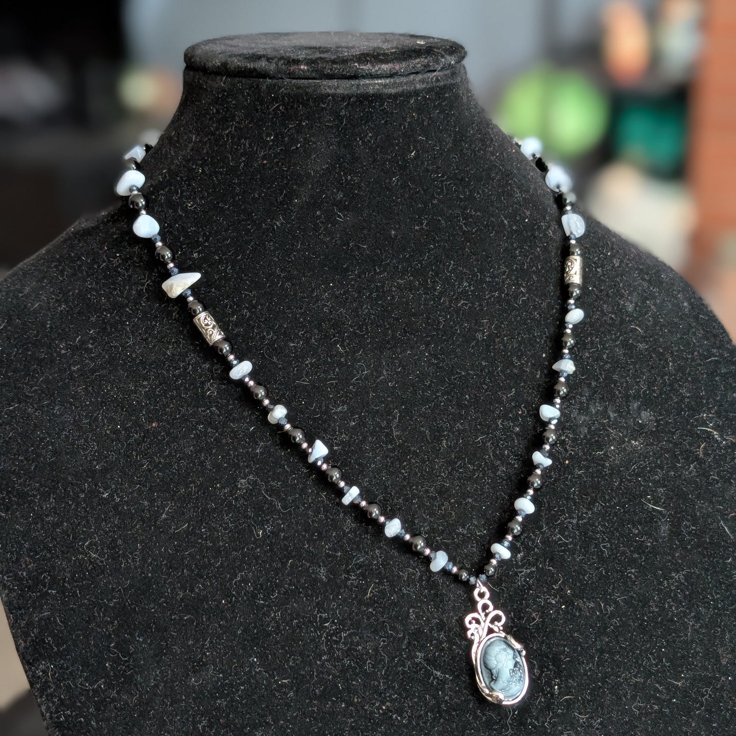 ✨Nocturne Veil✨| Blue Lace Agate & Onyx Necklace with Smoke-gray Cameo Pendant