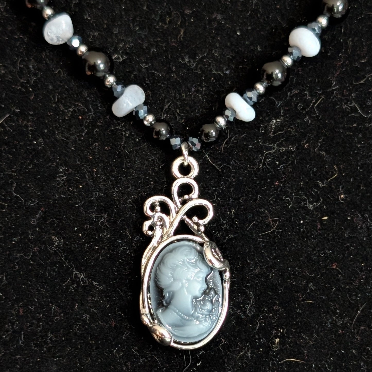✨Nocturne Veil✨| Blue Lace Agate & Onyx Necklace with Smoke-gray Cameo Pendant