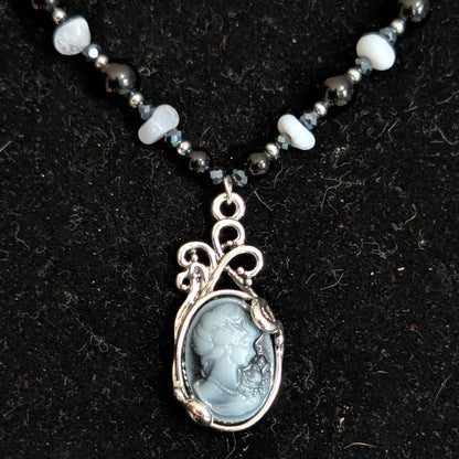 ✨Nocturne Veil✨| Blue Lace Agate & Onyx Necklace with Smoke-gray Cameo Pendant