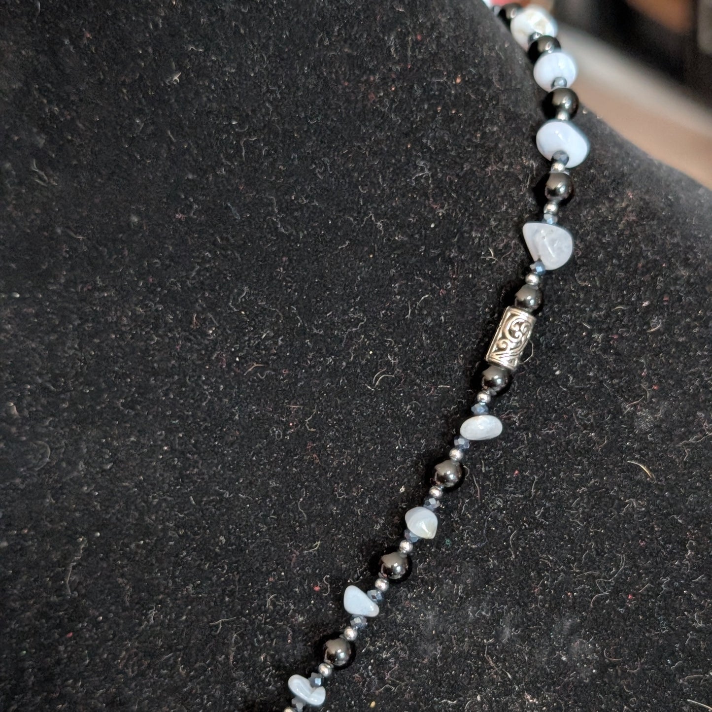 ✨Nocturne Veil✨| Blue Lace Agate & Onyx Necklace with Smoke-gray Cameo Pendant