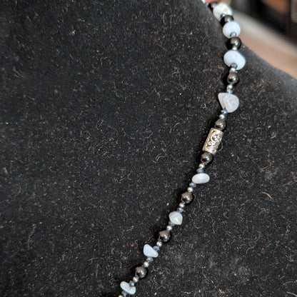 ✨Nocturne Veil✨| Blue Lace Agate & Onyx Necklace with Smoke-gray Cameo Pendant