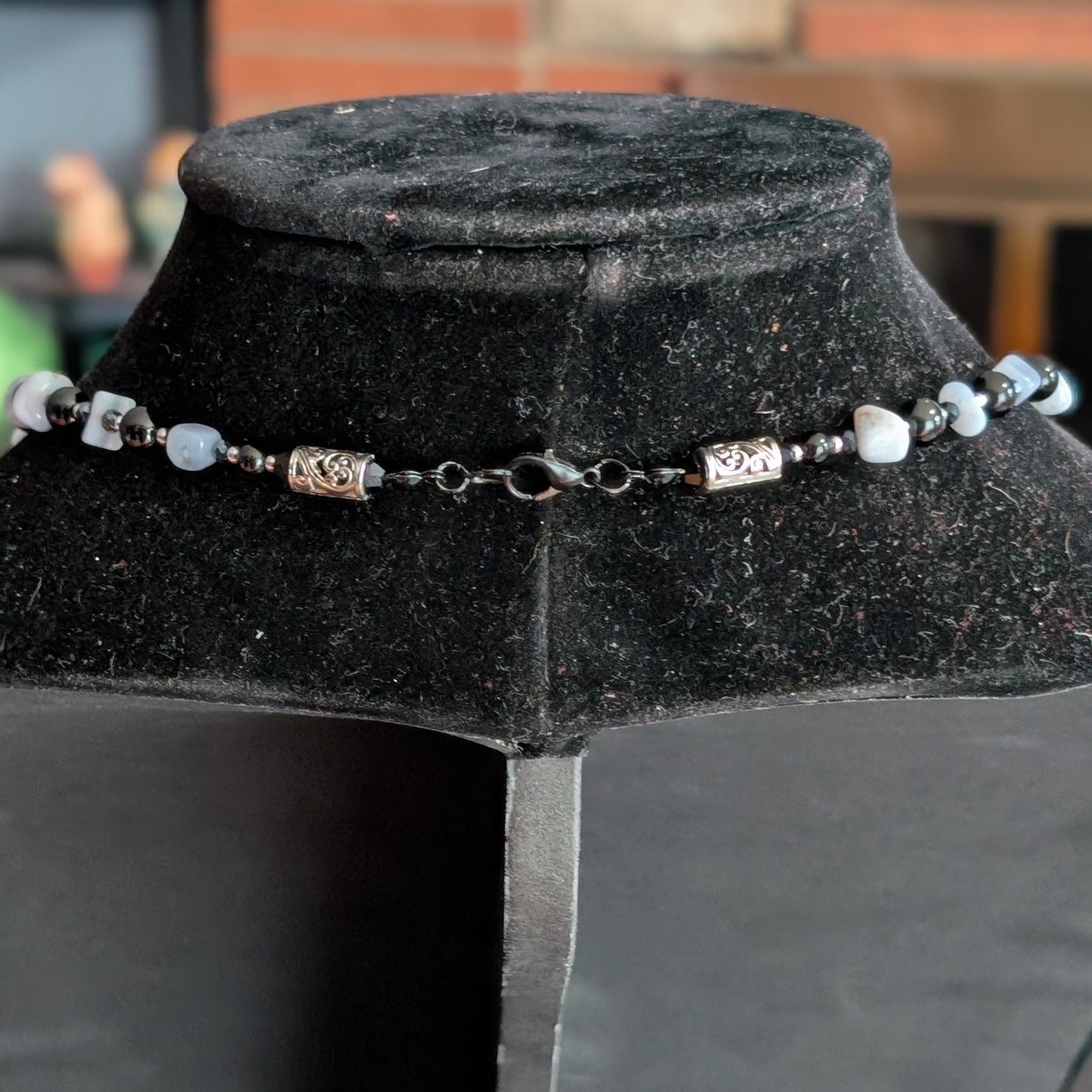 ✨Nocturne Veil✨| Blue Lace Agate & Onyx Necklace with Smoke-gray Cameo Pendant