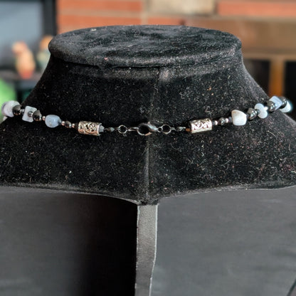 ✨Nocturne Veil✨| Blue Lace Agate & Onyx Necklace with Smoke-gray Cameo Pendant