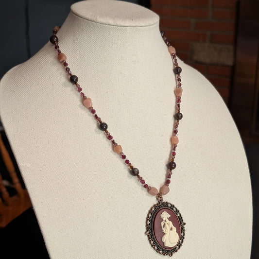 ✨Mauvelight Intrigue✨| Rhodolite Garnet, Sunstone & Tourmaline-in-Jasper Necklace With Skeletal Cameo & Floral Toggle