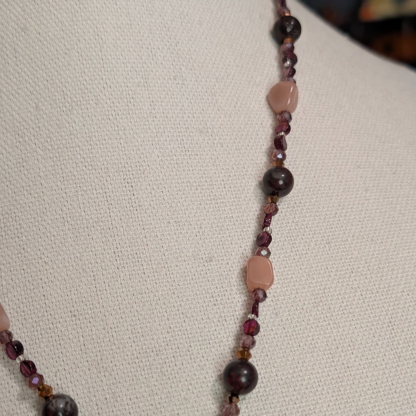 ✨Mauvelight Intrigue✨| Rhodolite Garnet, Sunstone & Tourmaline-in-Jasper Necklace With Skeletal Cameo & Floral Toggle